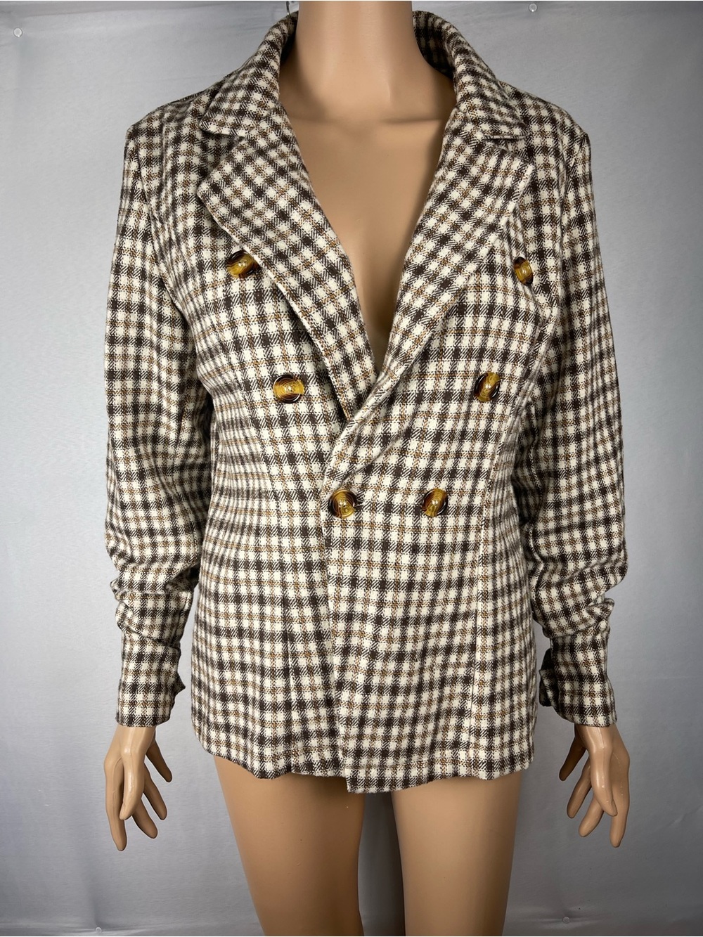 Women's Brown Plaid Double-Breasted Blazer Jacket